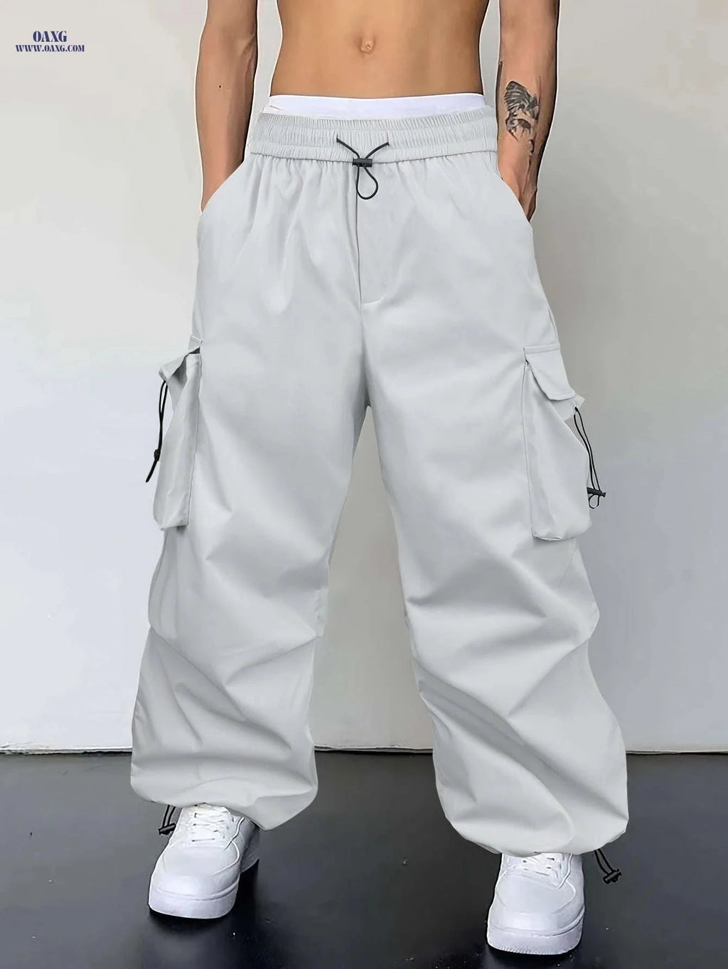 Men's Light Grey Casual Pants - Loose Fit, Cuffed Ankle Comfort   OAXG Light Grey / FR S