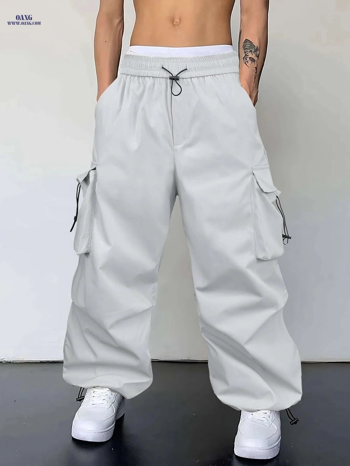 Men's Light Grey Casual Pants - Loose Fit, Cuffed Ankle Comfort   OAXG Light Grey / FR S