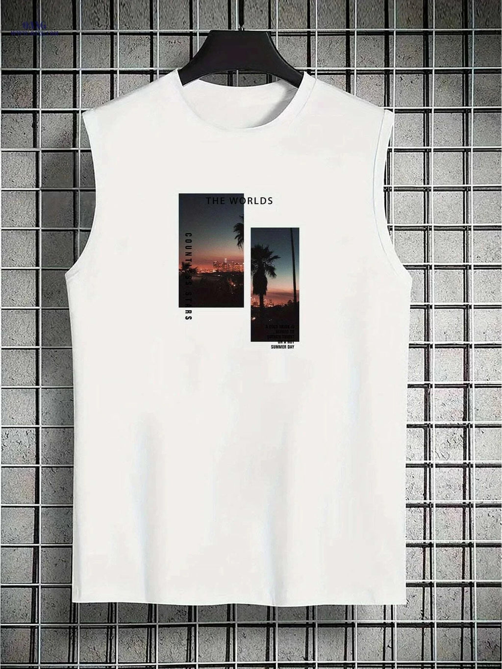Men's Light Grey Sleeveless Tank Top - Tropical Palm Tree Print   OAXG 