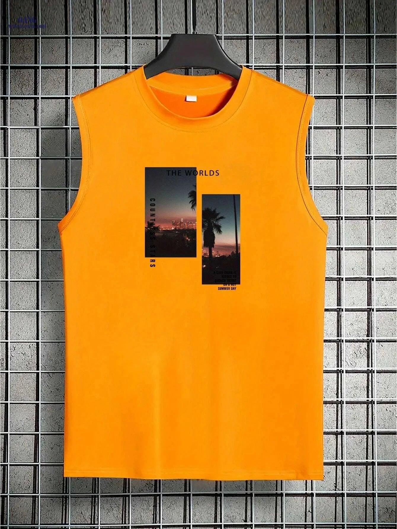 Men's Light Grey Sleeveless Tank Top - Tropical Palm Tree Print   OAXG 