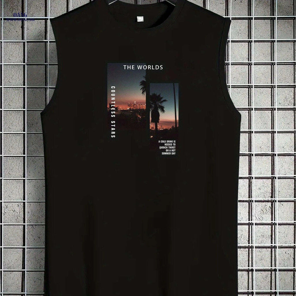 Men's Light Grey Sleeveless Tank Top - Tropical Palm Tree Print   OAXG 