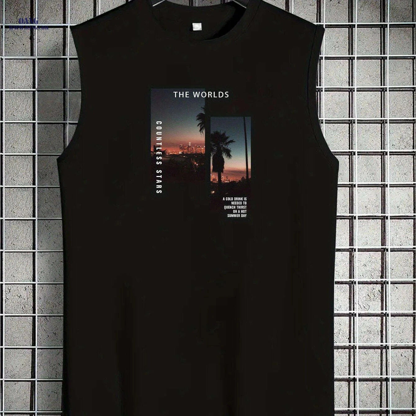 Men's Light Grey Sleeveless Tank Top - Tropical Palm Tree Print   OAXG 
