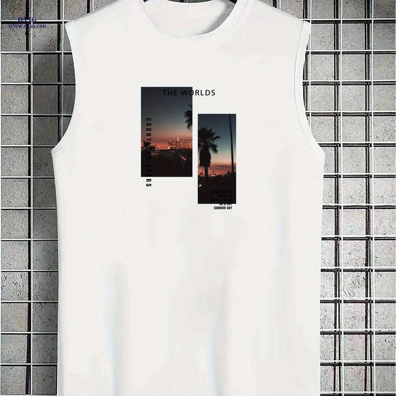 Men's Light Grey Sleeveless Tank Top - Tropical Palm Tree Print   OAXG Black / S