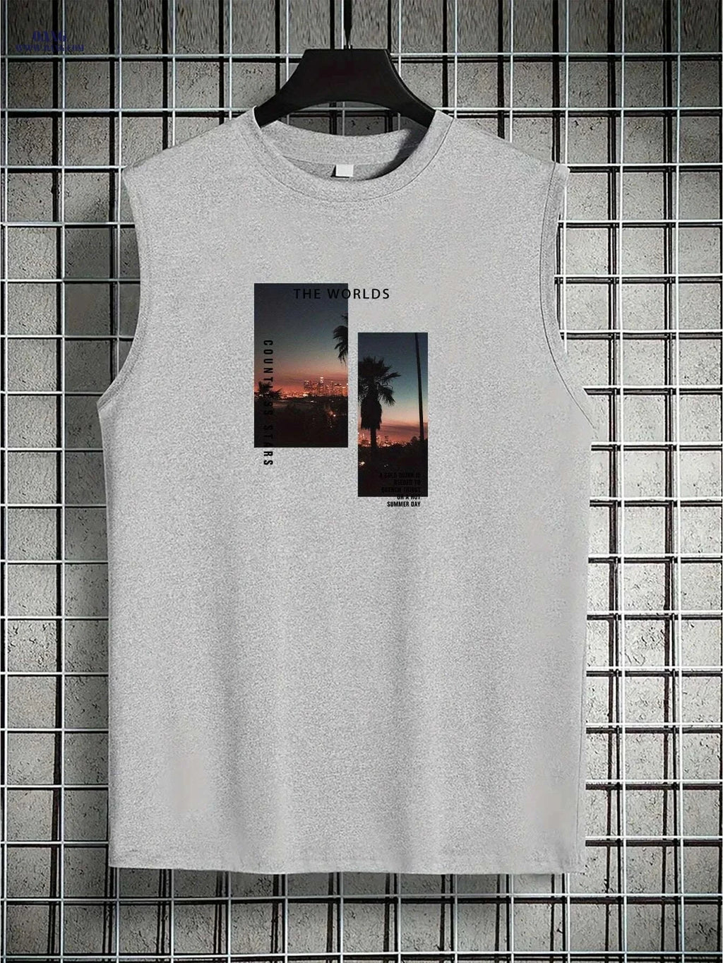 Men's Light Grey Sleeveless Tank Top - Tropical Palm Tree Print   OAXG Black / S