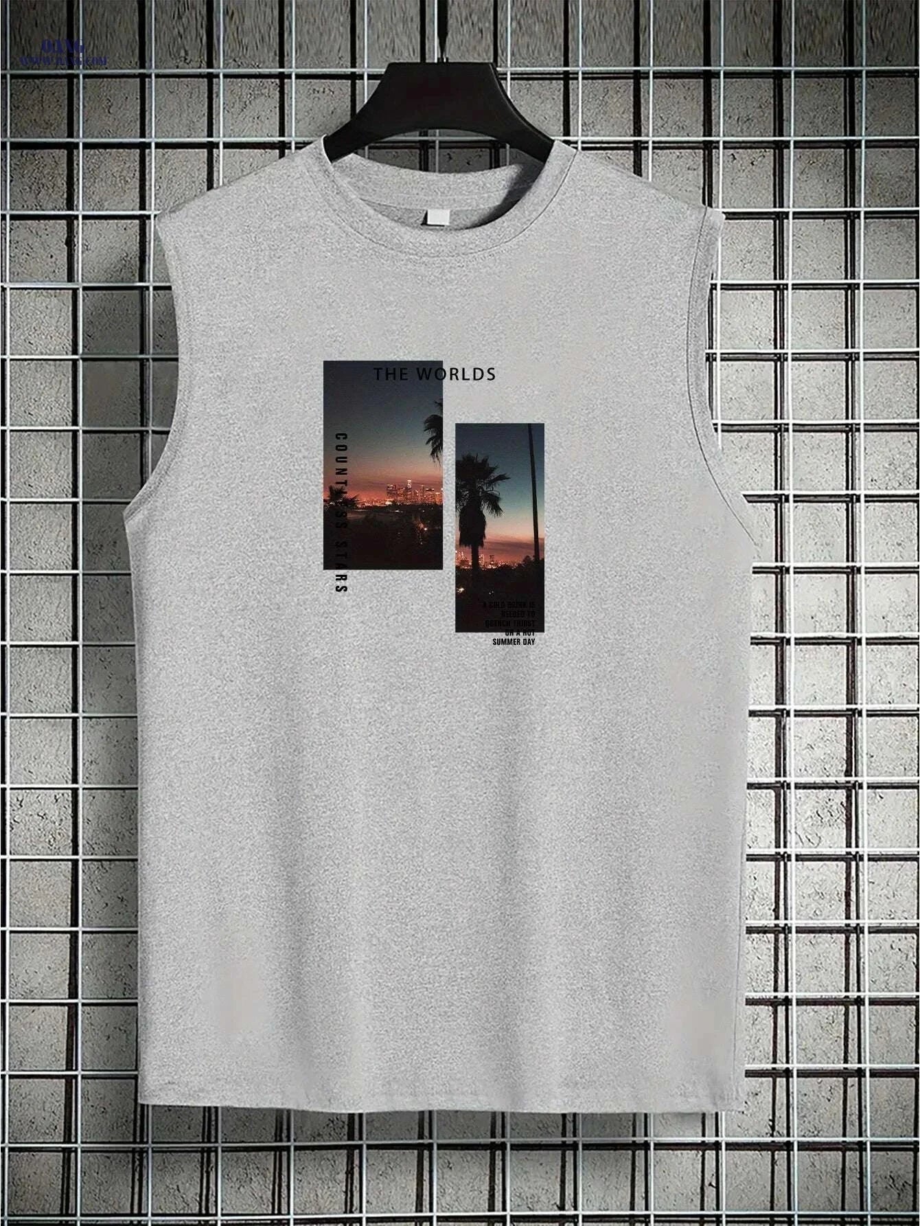 Men's Light Grey Sleeveless Tank Top - Tropical Palm Tree Print   OAXG Black / S