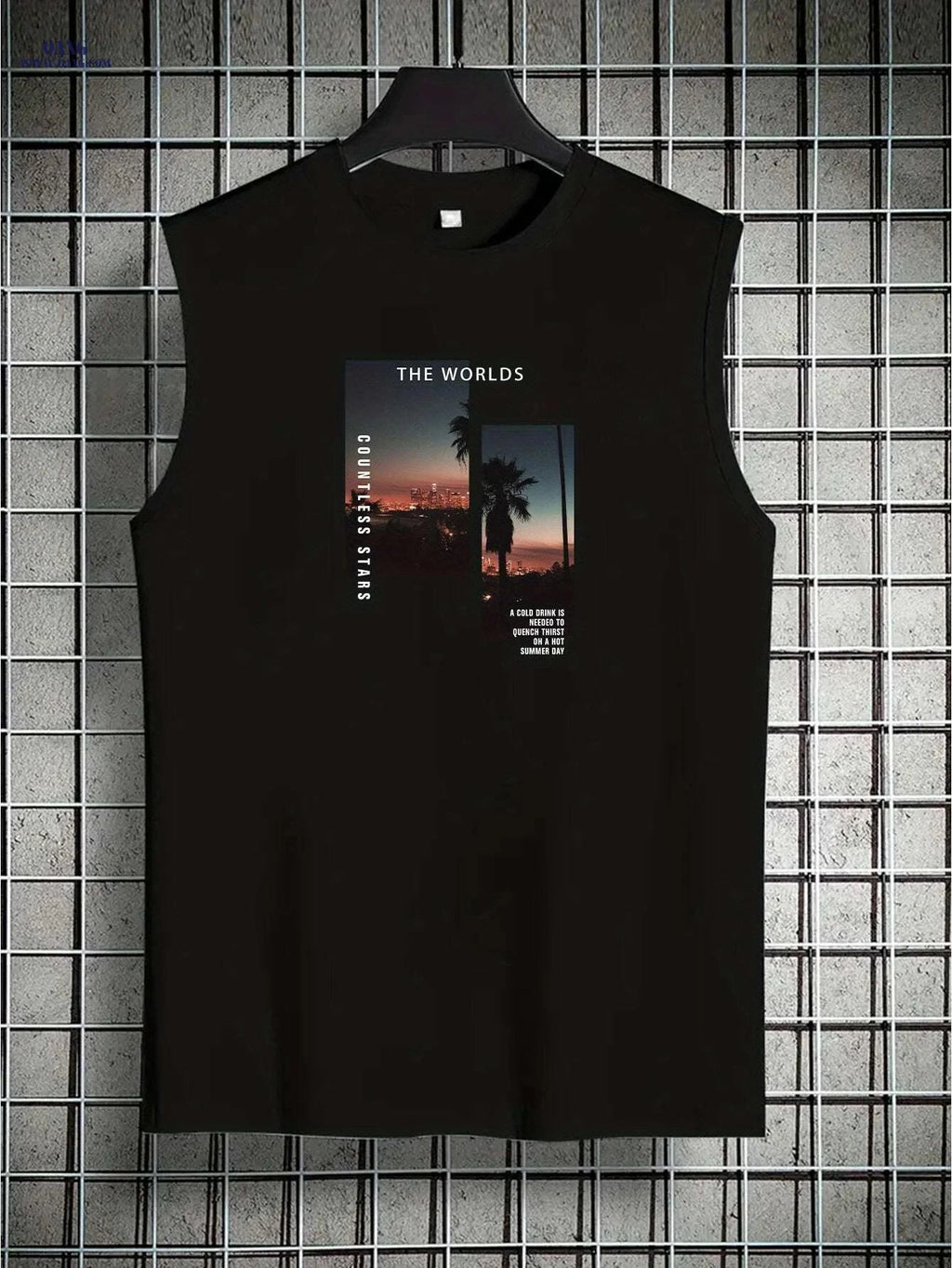 Men's Light Grey Sleeveless Tank Top - Tropical Palm Tree Print   OAXG Black / S