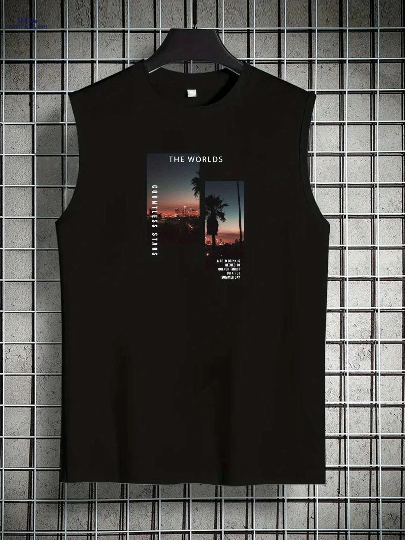 Men's Light Grey Sleeveless Tank Top - Tropical Palm Tree Print   OAXG Black / S