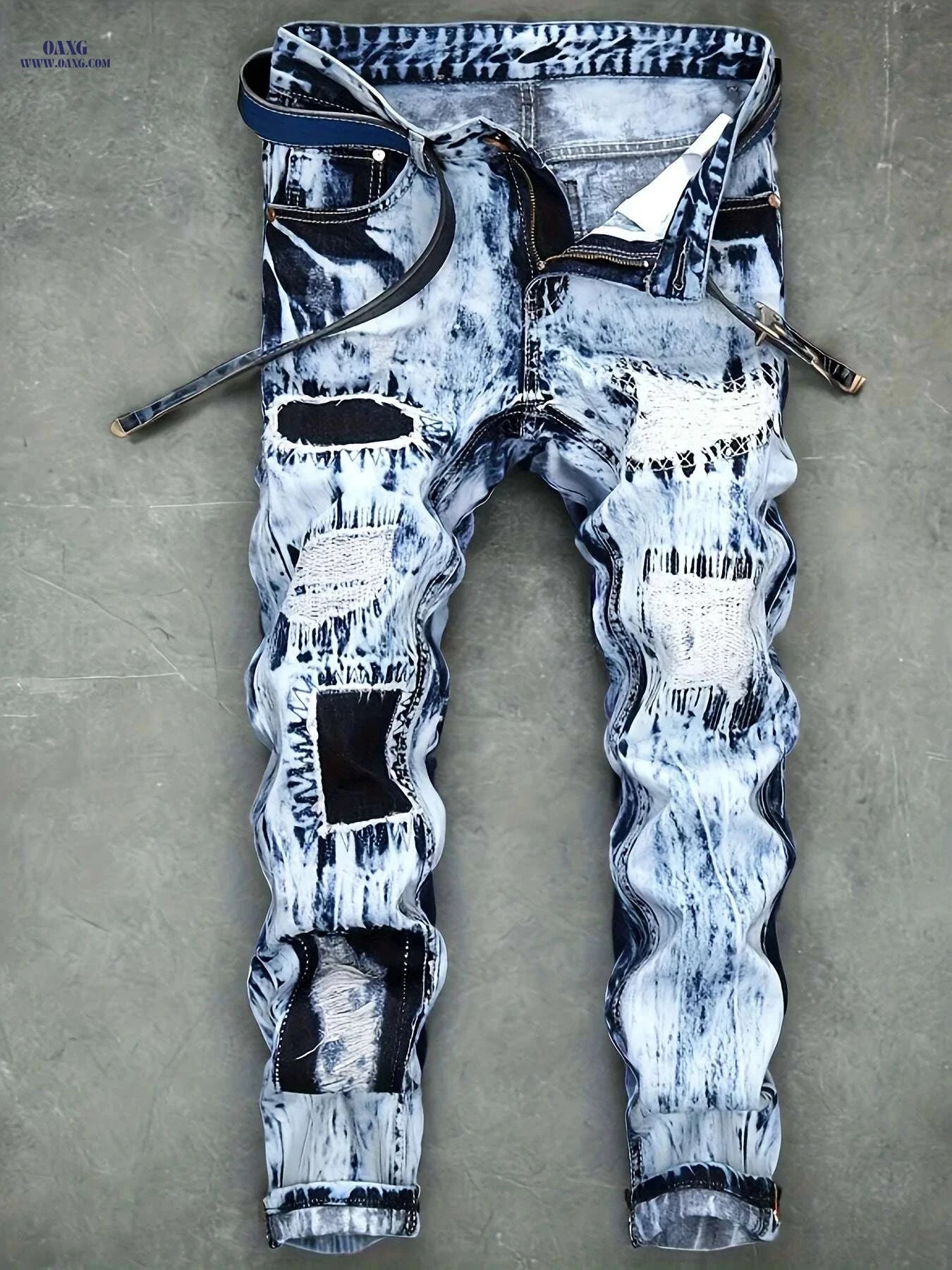 Men's Light Wash Distressed Jeans - Frayed Hem, Straight Leg Fit   OAXG 