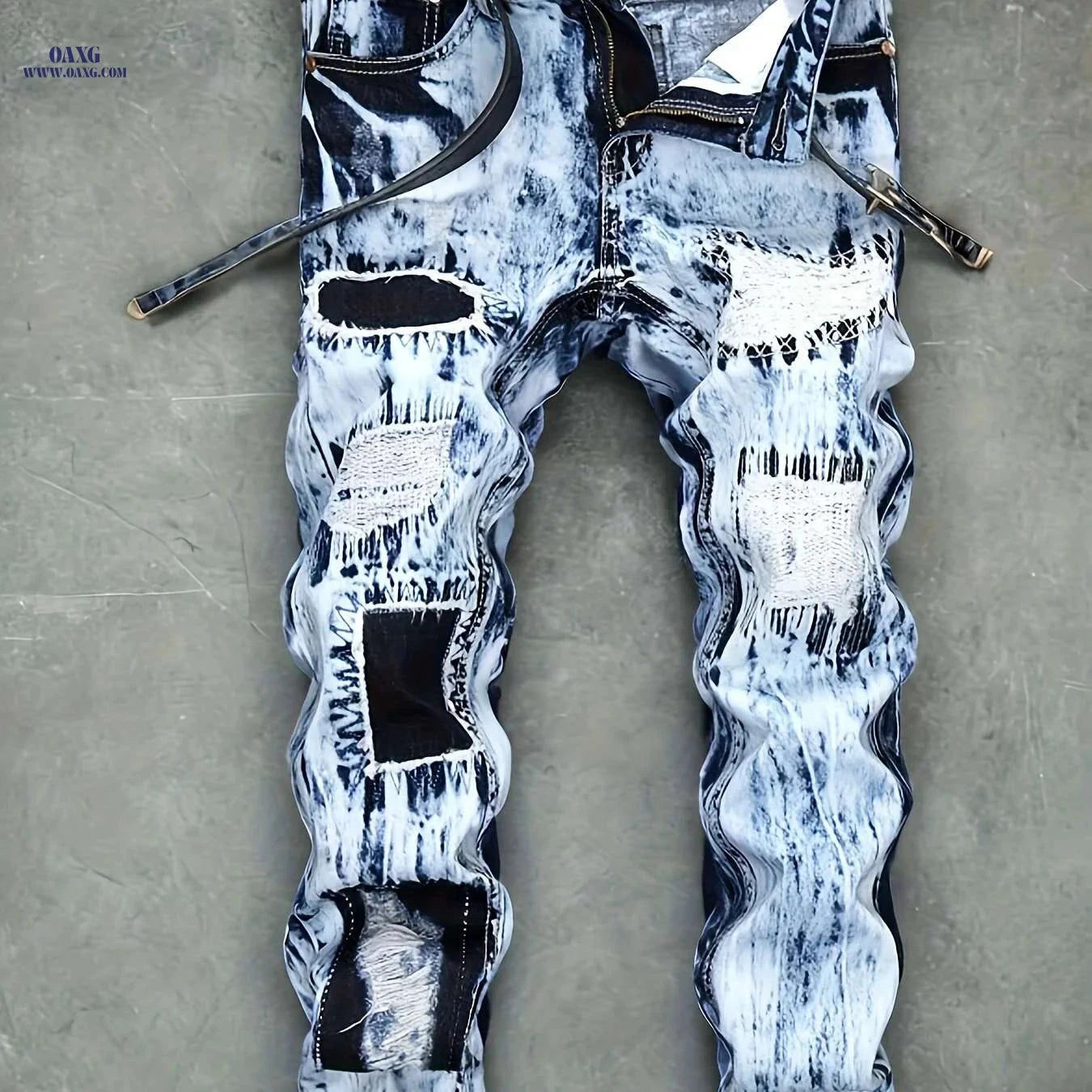 Men's Light Wash Distressed Jeans - Frayed Hem, Straight Leg Fit   OAXG Light Blue / 30