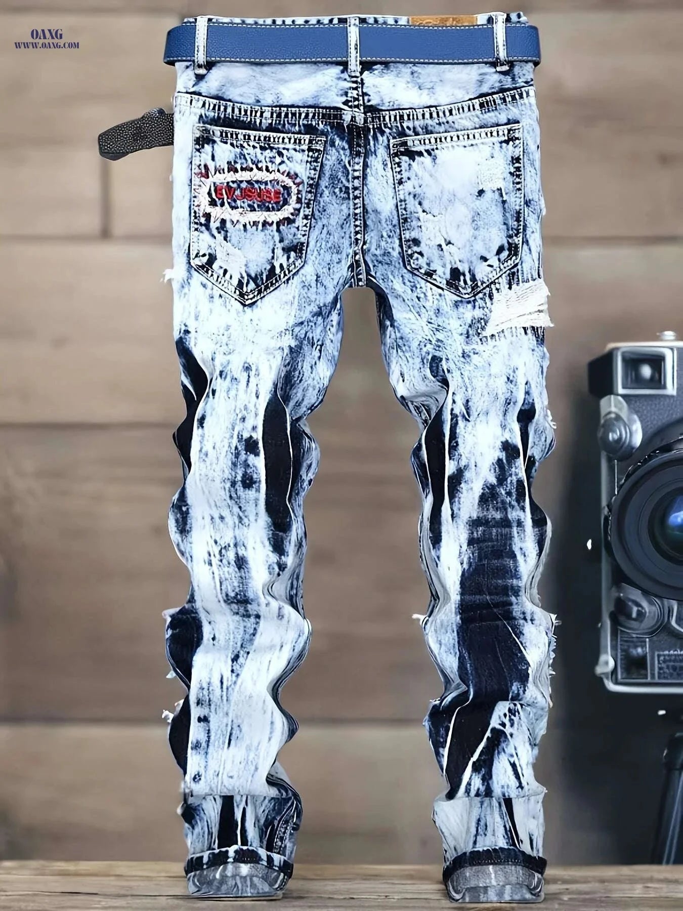 Men's Light Wash Distressed Jeans - Frayed Hem, Straight Leg Fit   OAXG Light Blue / 30