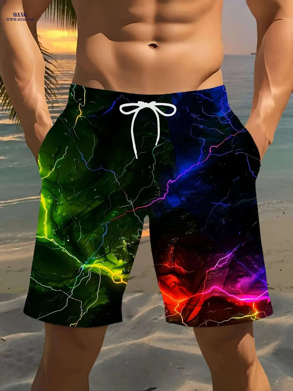 Men's Lightning Bolt Print Beach Shorts - Lightweight, 3D Design   OAXG Green / S