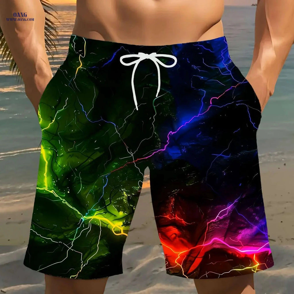 Men's Lightning Bolt Print Beach Shorts - Vibrant Design & Drawstring Waist   OAXG Green / S