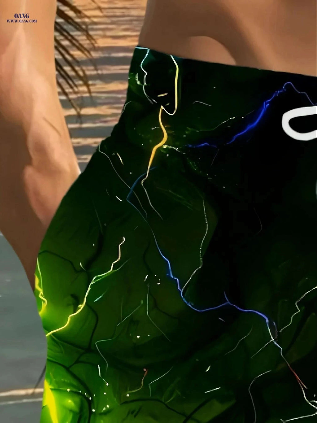 Men's Lightning Bolt Print Beach Shorts - Vibrant Design & Drawstring Waist   OAXG Green / S