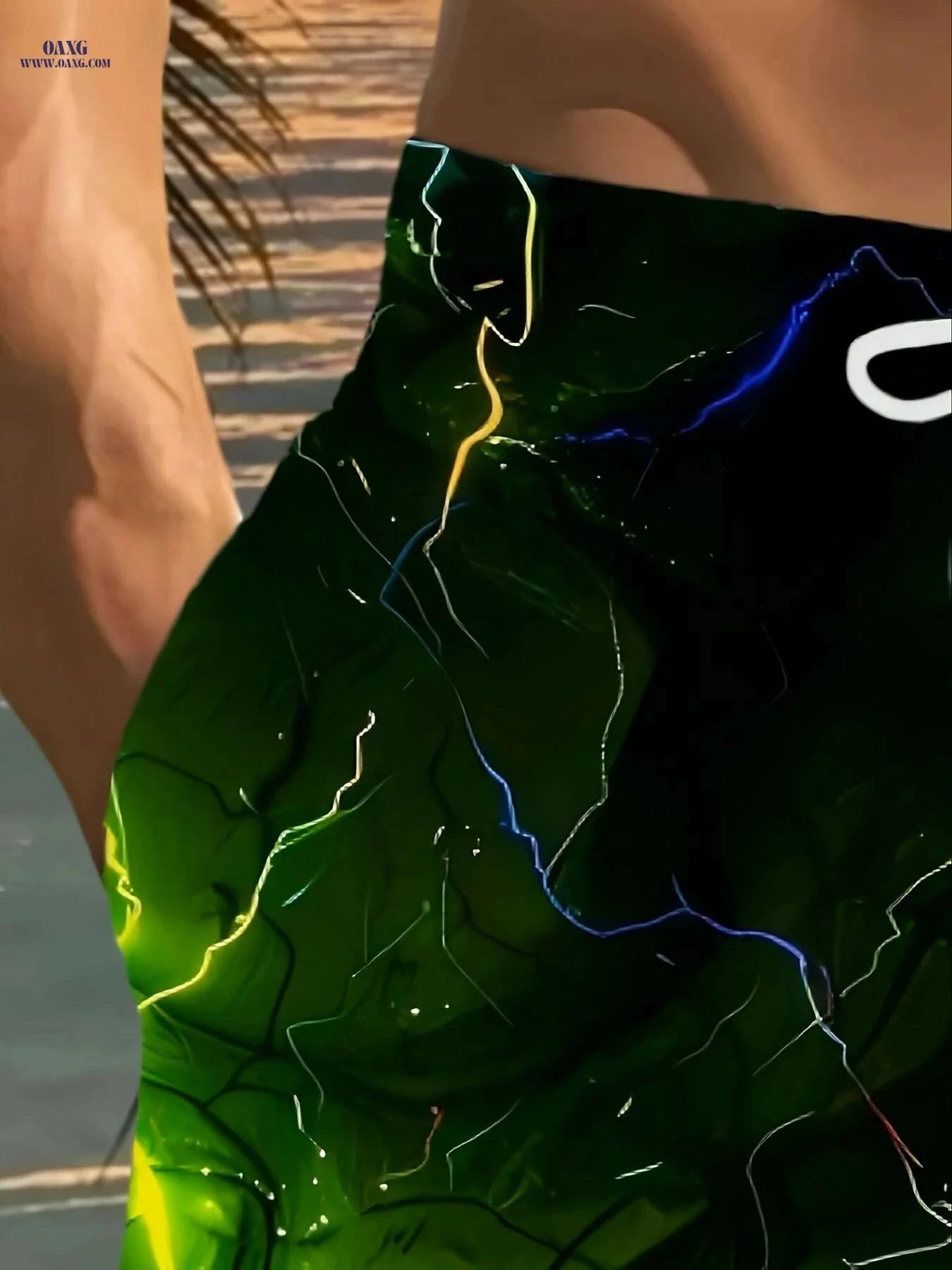 Men's Lightning Bolt Print Beach Shorts - Vibrant Design & Drawstring Waist   OAXG Green / S