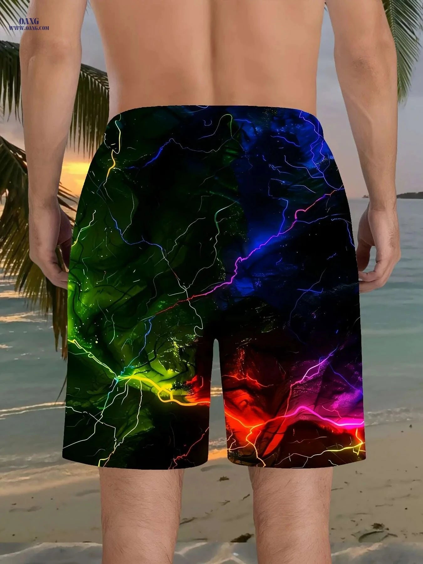 Men's Lightning Bolt Print Beach Shorts - Vibrant Design & Drawstring Waist   OAXG Green / S
