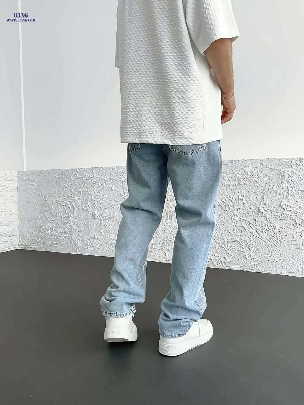 Men's Lightning Bolt Print Denim Jeans - Loose-Fit Straight Leg Style   OAXG Blue / XS