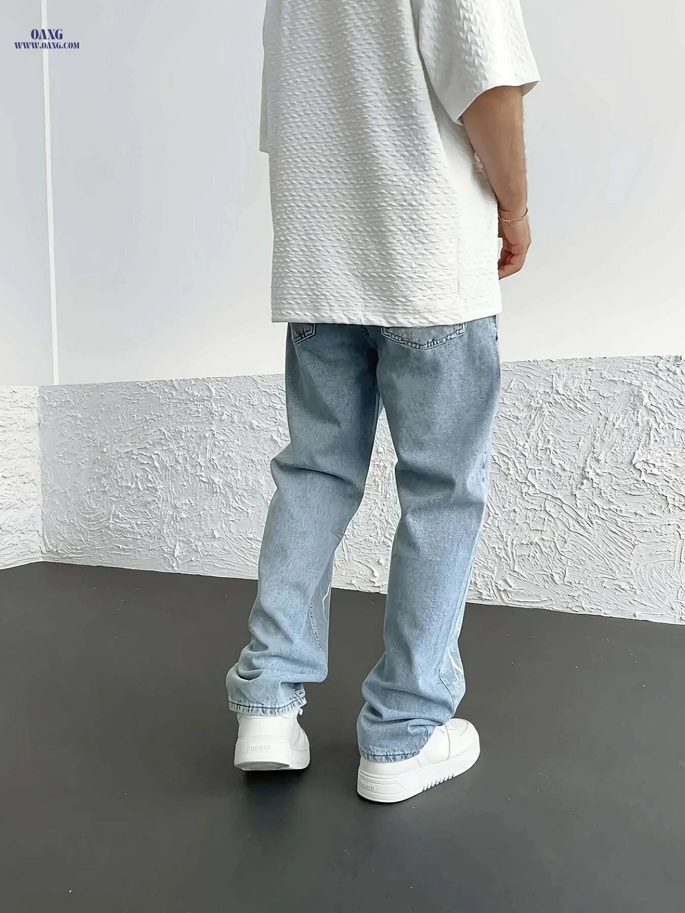 Men's Lightning Bolt Print Denim Jeans - Loose-Fit Straight Leg Style   OAXG Blue / XS