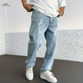 Men's Lightning Bolt Print Denim Jeans - Loose-Fit Straight Leg Style   OAXG Blue / XS