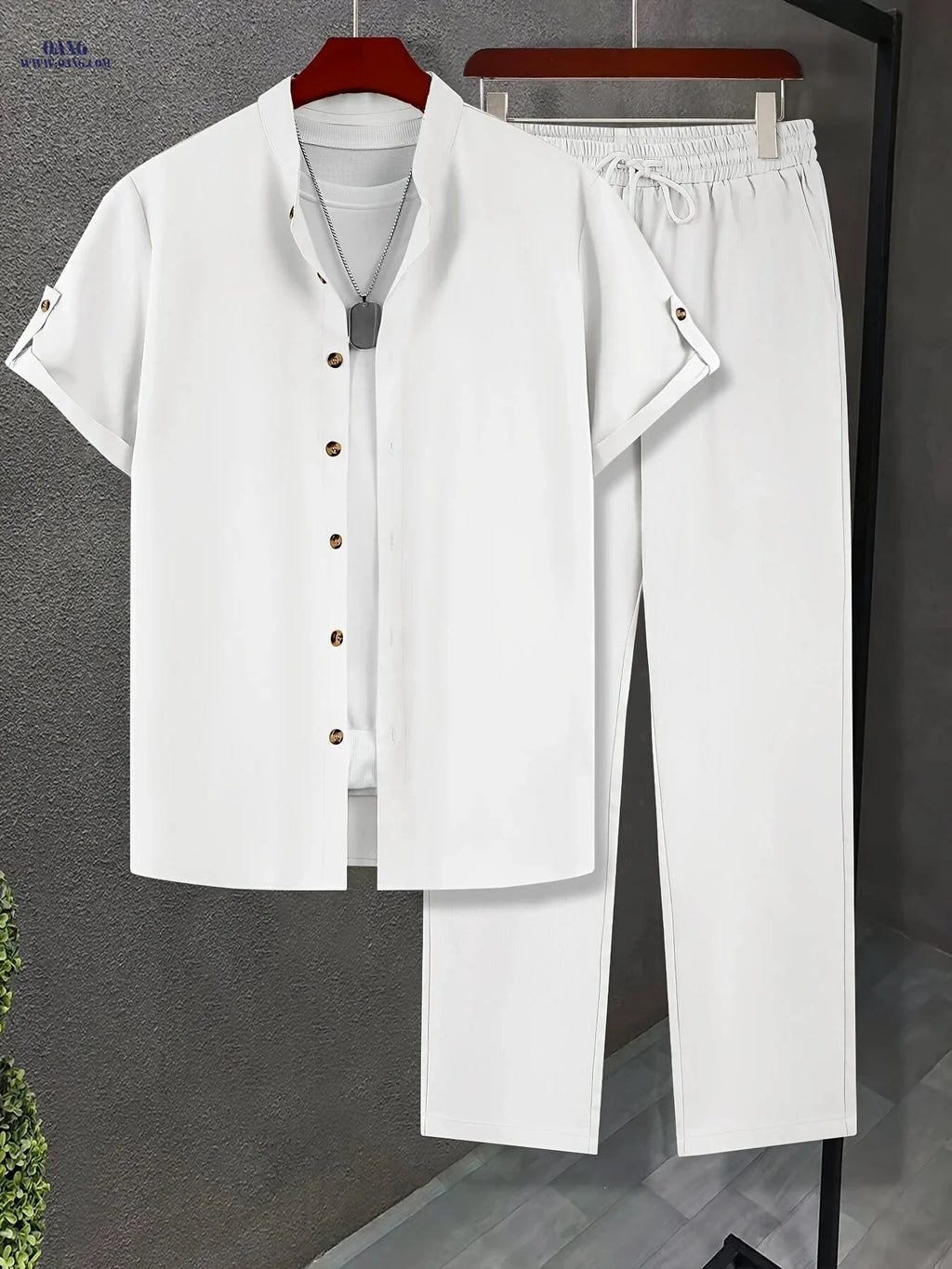 Men's Lightweight All-Season Button Detail Shirt & Trouser Set   OAXG 