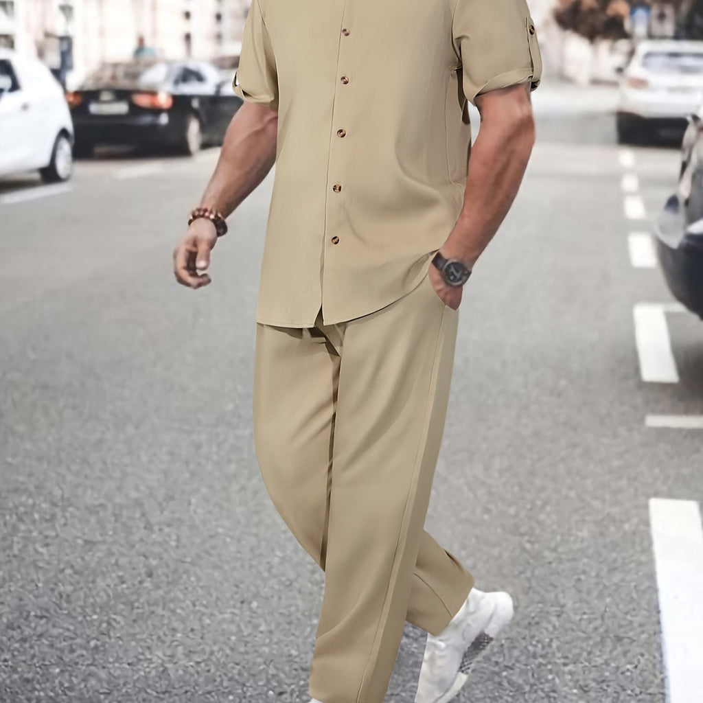 Men's Lightweight All-Season Button Detail Shirt & Trouser Set   OAXG 