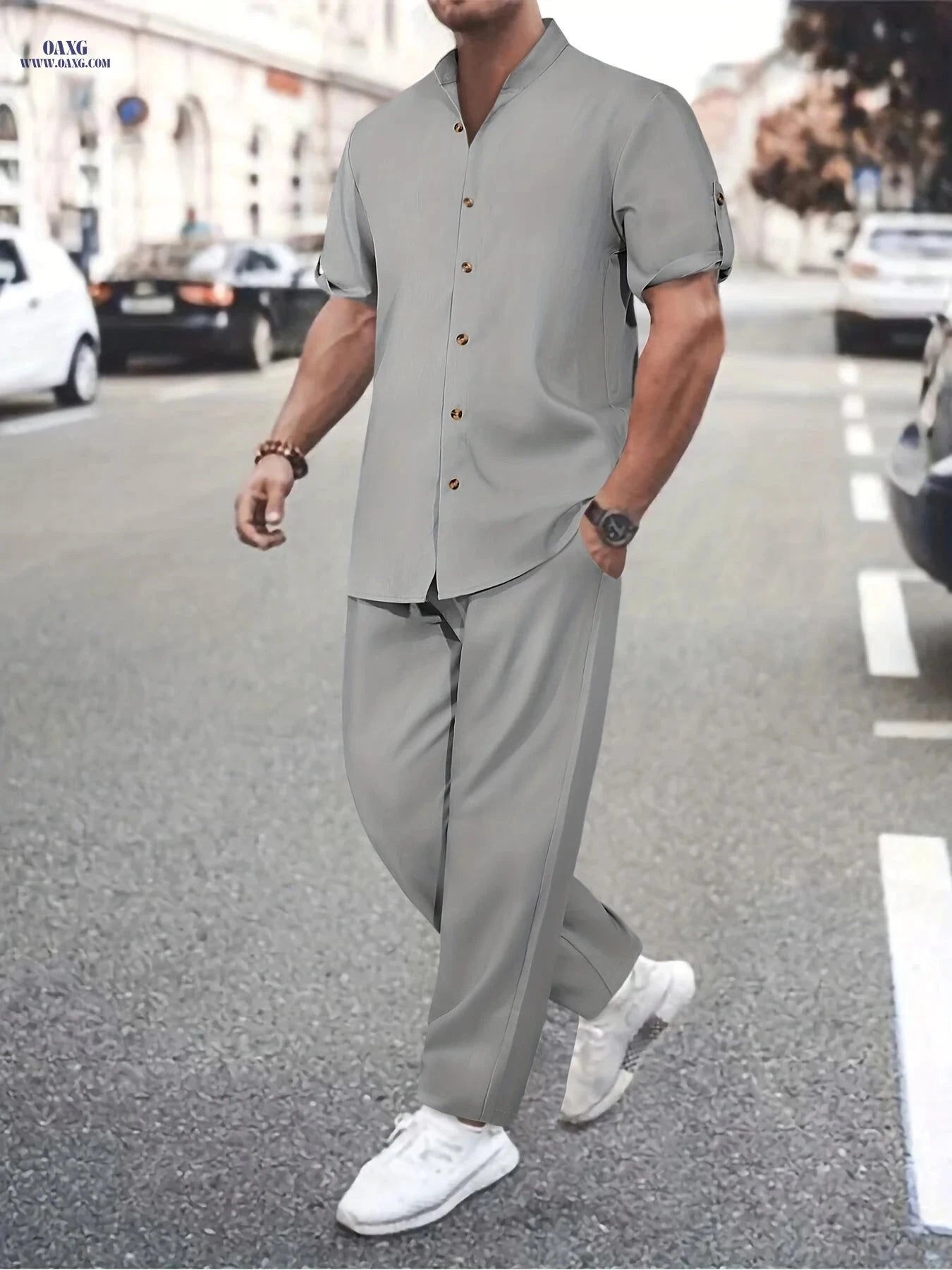 Men's Lightweight All-Season Button Detail Shirt & Trouser Set   OAXG 