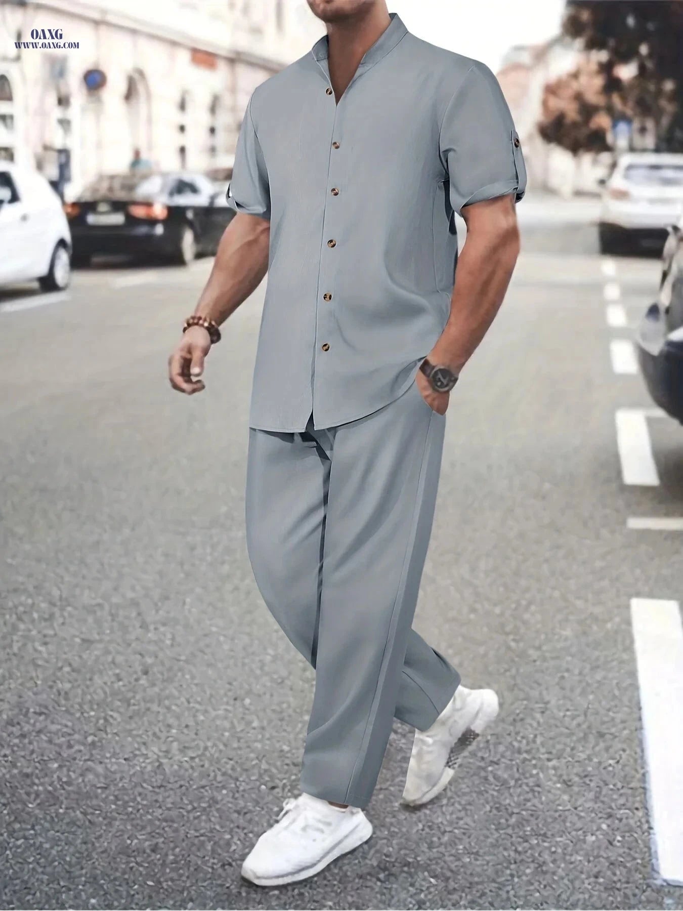 Men's Lightweight All-Season Button Detail Shirt & Trouser Set   OAXG Apricot / FR S