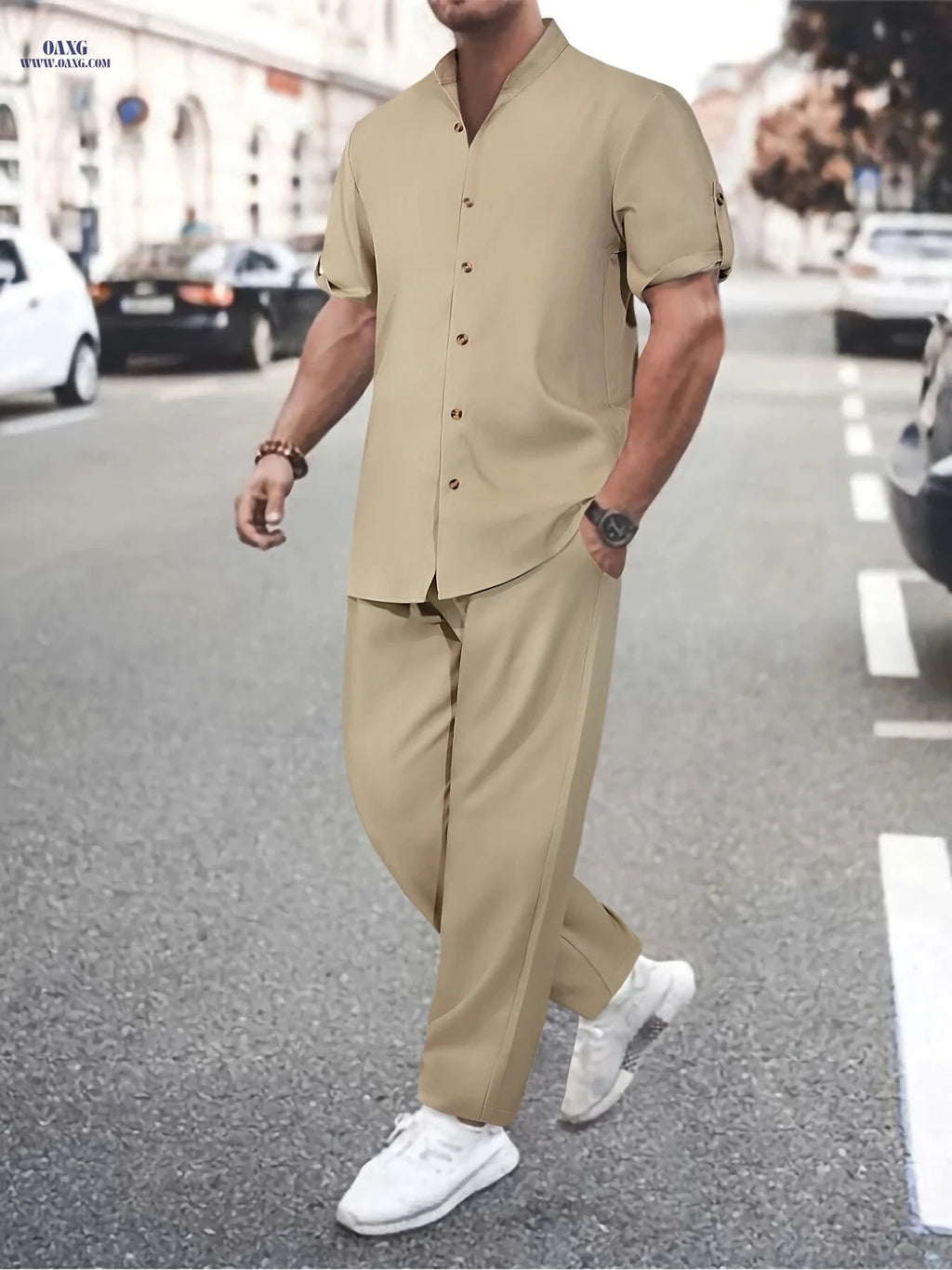 Men's Lightweight All-Season Button Detail Shirt & Trouser Set   OAXG 