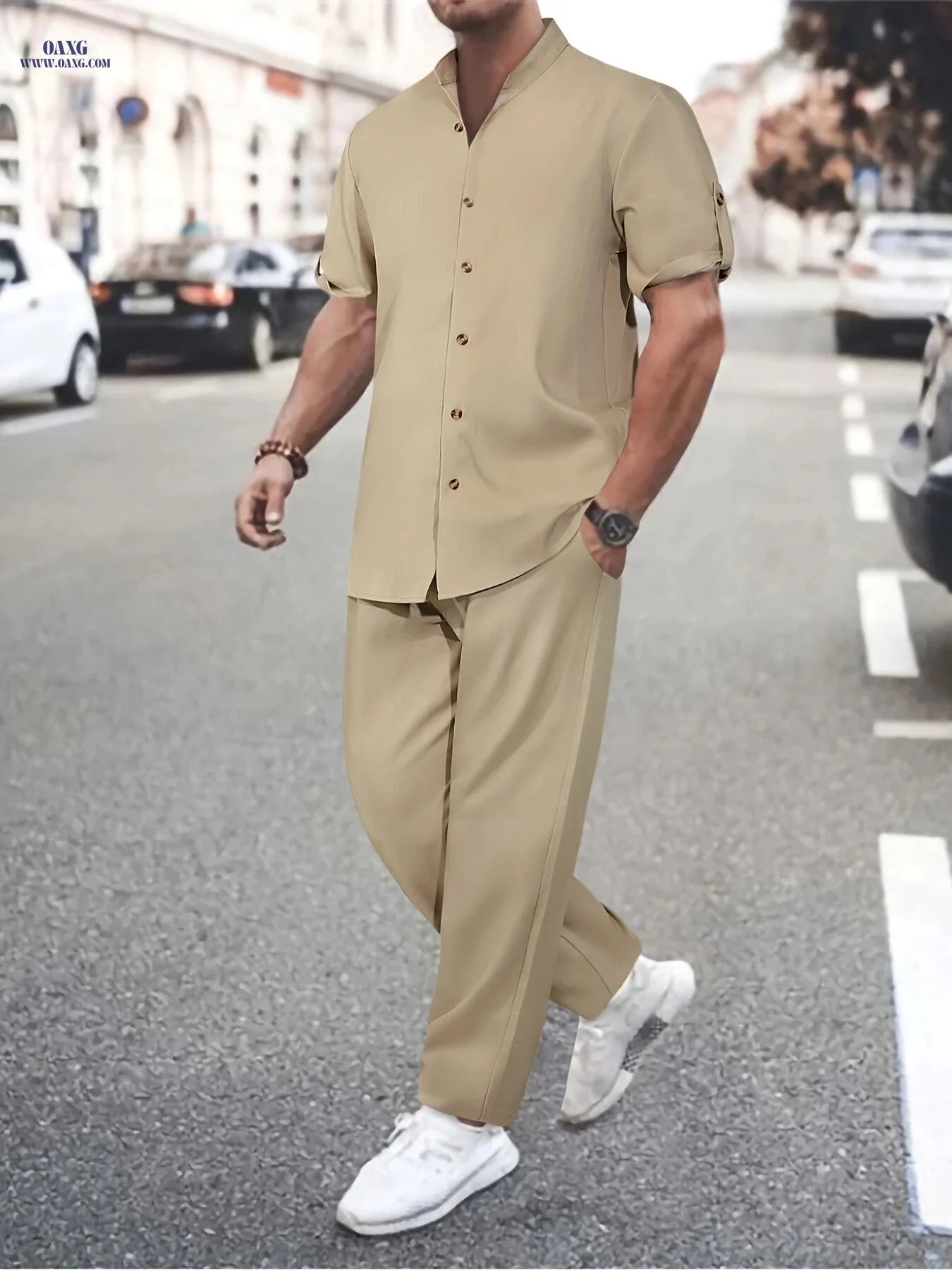 Men's Lightweight All-Season Button Detail Shirt & Trouser Set   OAXG 