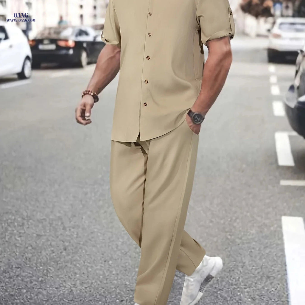 Men's Lightweight All-Season Button Detail Shirt & Trouser Set   OAXG 