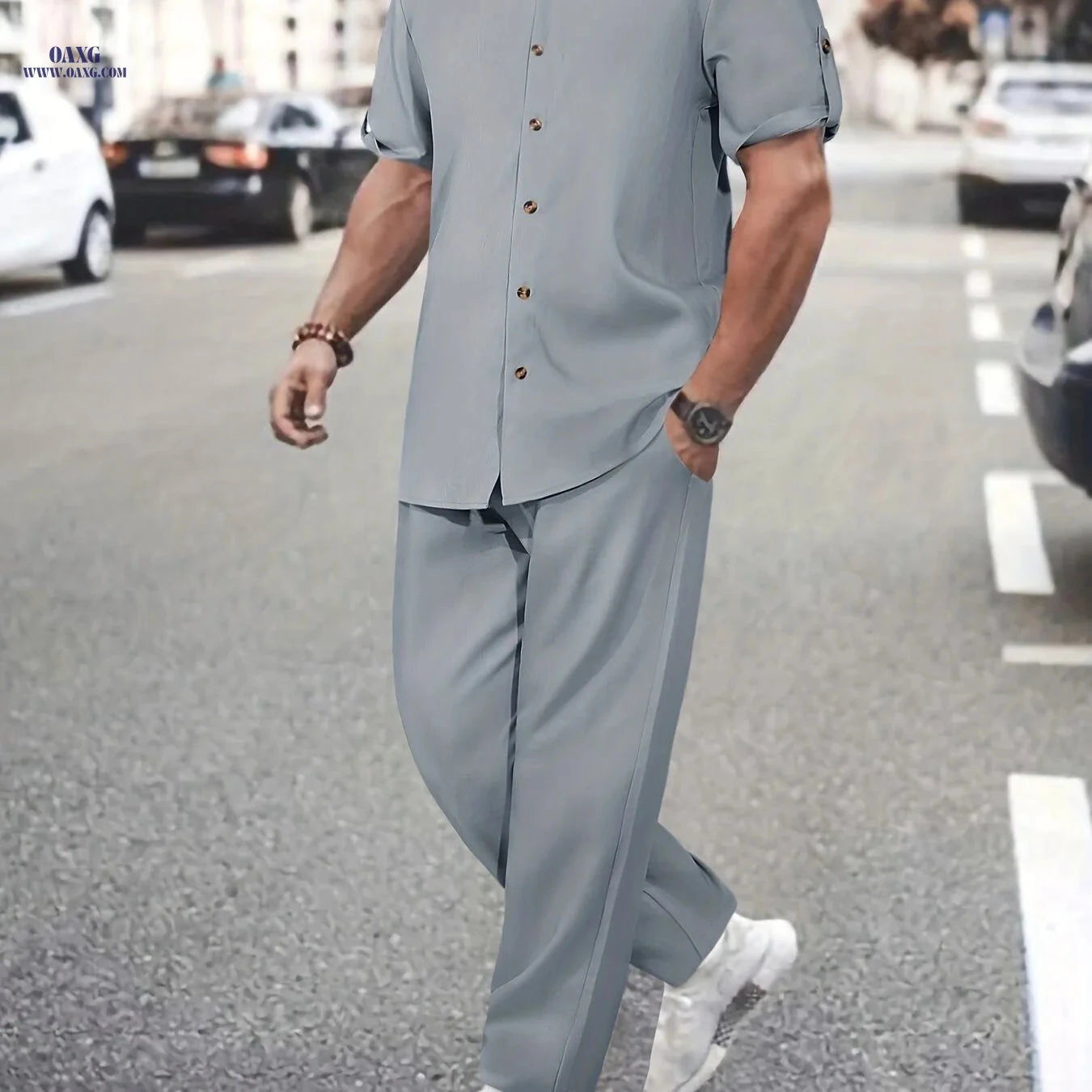 Men's Lightweight All-Season Button Detail Shirt & Trouser Set   OAXG 