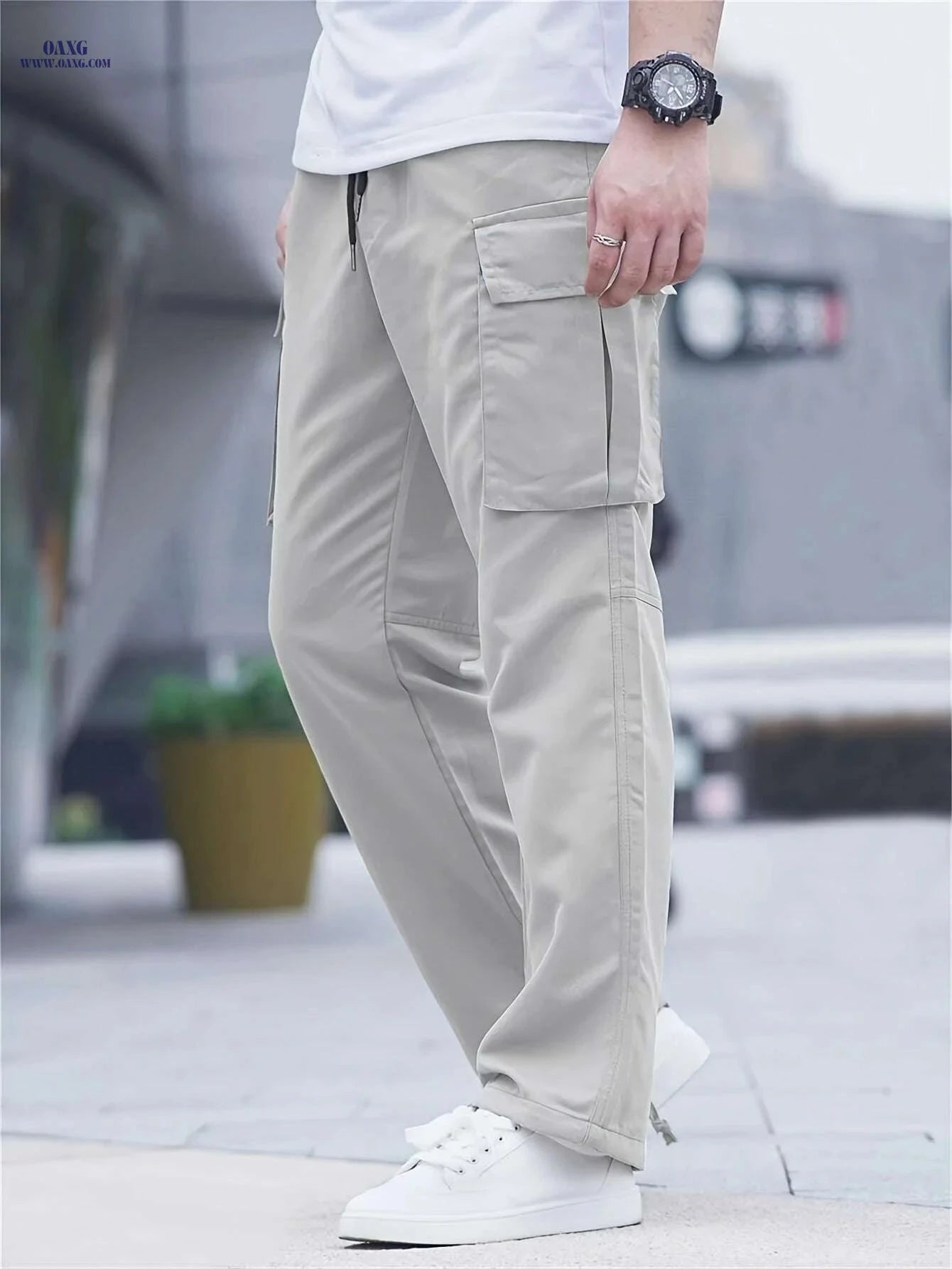 Men's Lightweight Beige Cargo Pants - Drawstring Waist & Multiple Pockets   OAXG Black / S