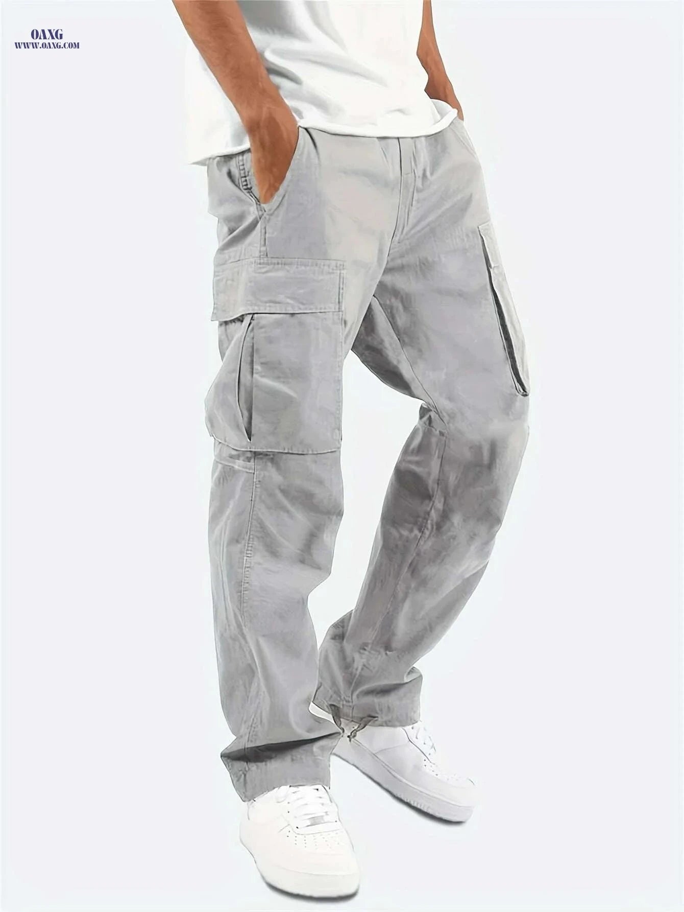 Men's Lightweight Beige Cargo Pants - Drawstring Waist & Multiple Pockets   OAXG Black / S