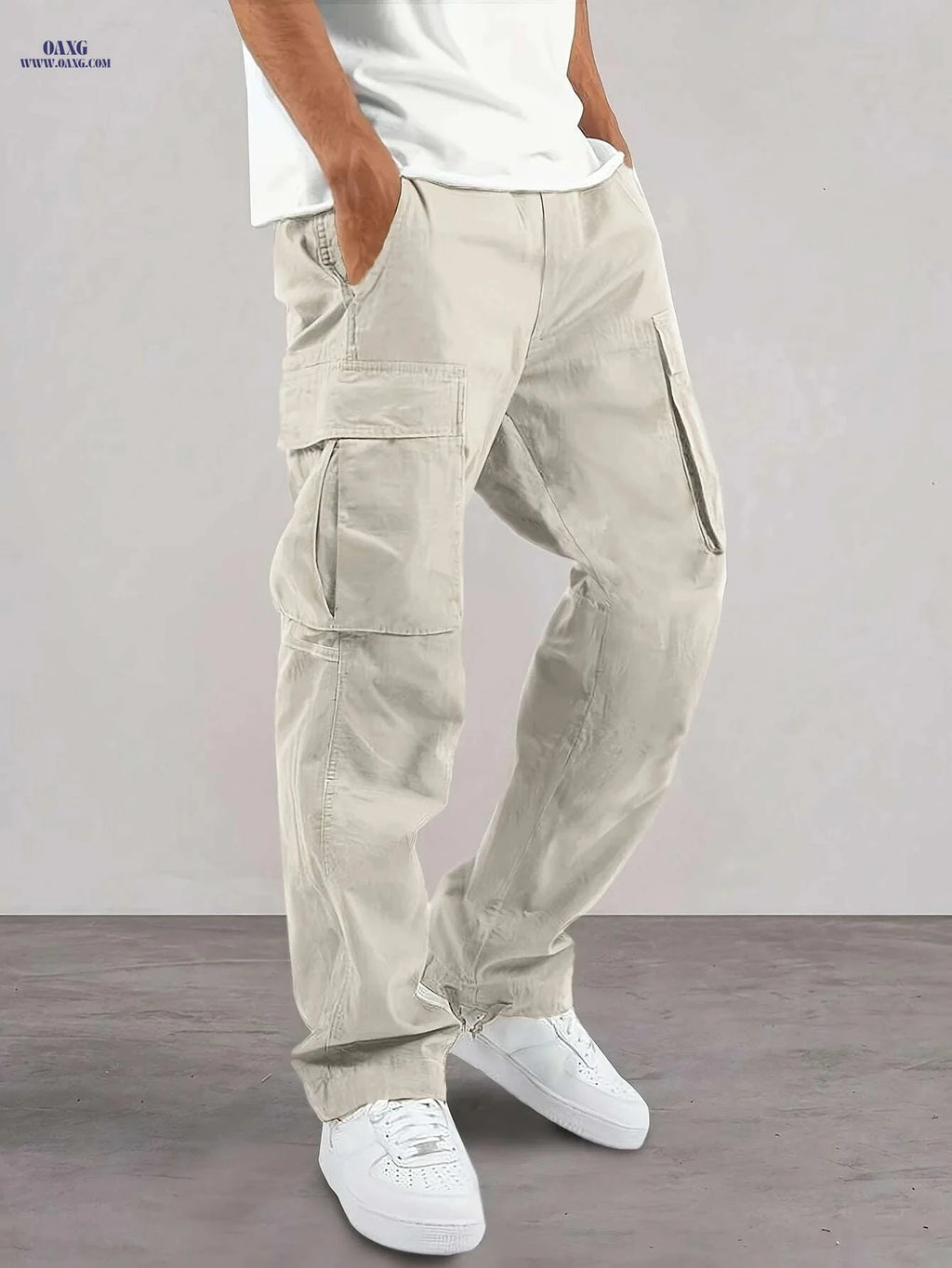 Men's Lightweight Beige Cargo Pants - Drawstring Waist & Multiple Pockets   OAXG Black / S