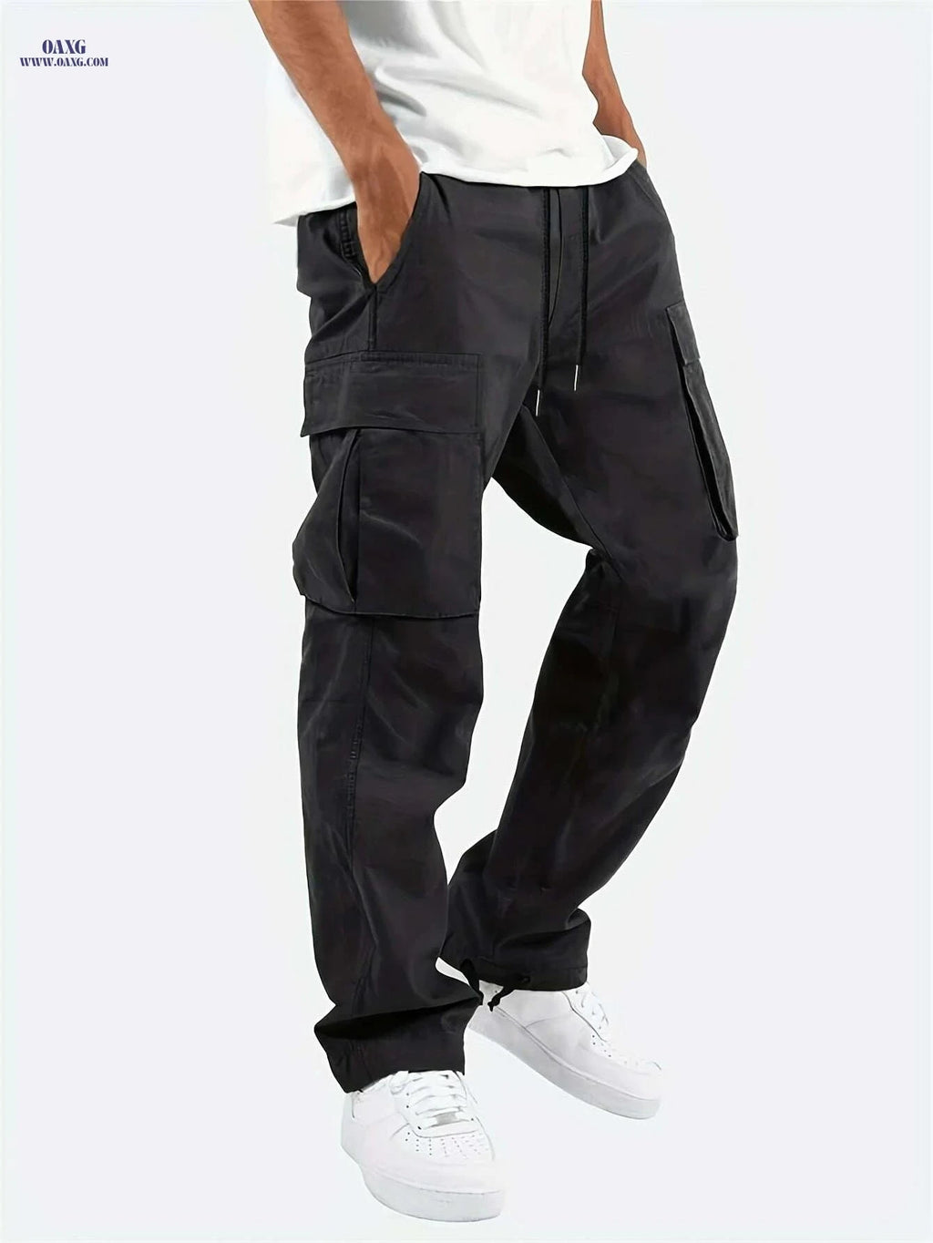 Men's Lightweight Beige Cargo Pants - Drawstring Waist & Multiple Pockets   OAXG Black / S