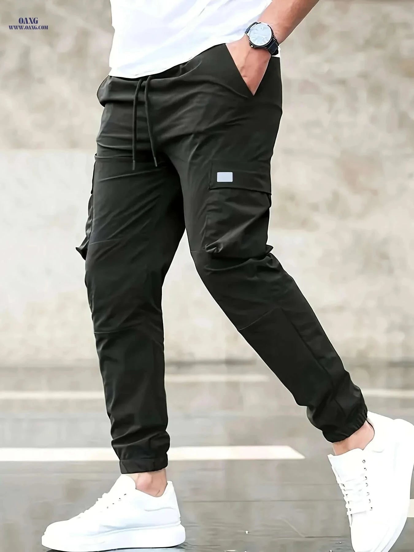Men's Lightweight Cargo Joggers - Drawstring Waist & Flap Pockets   OAXG Light Grey / S