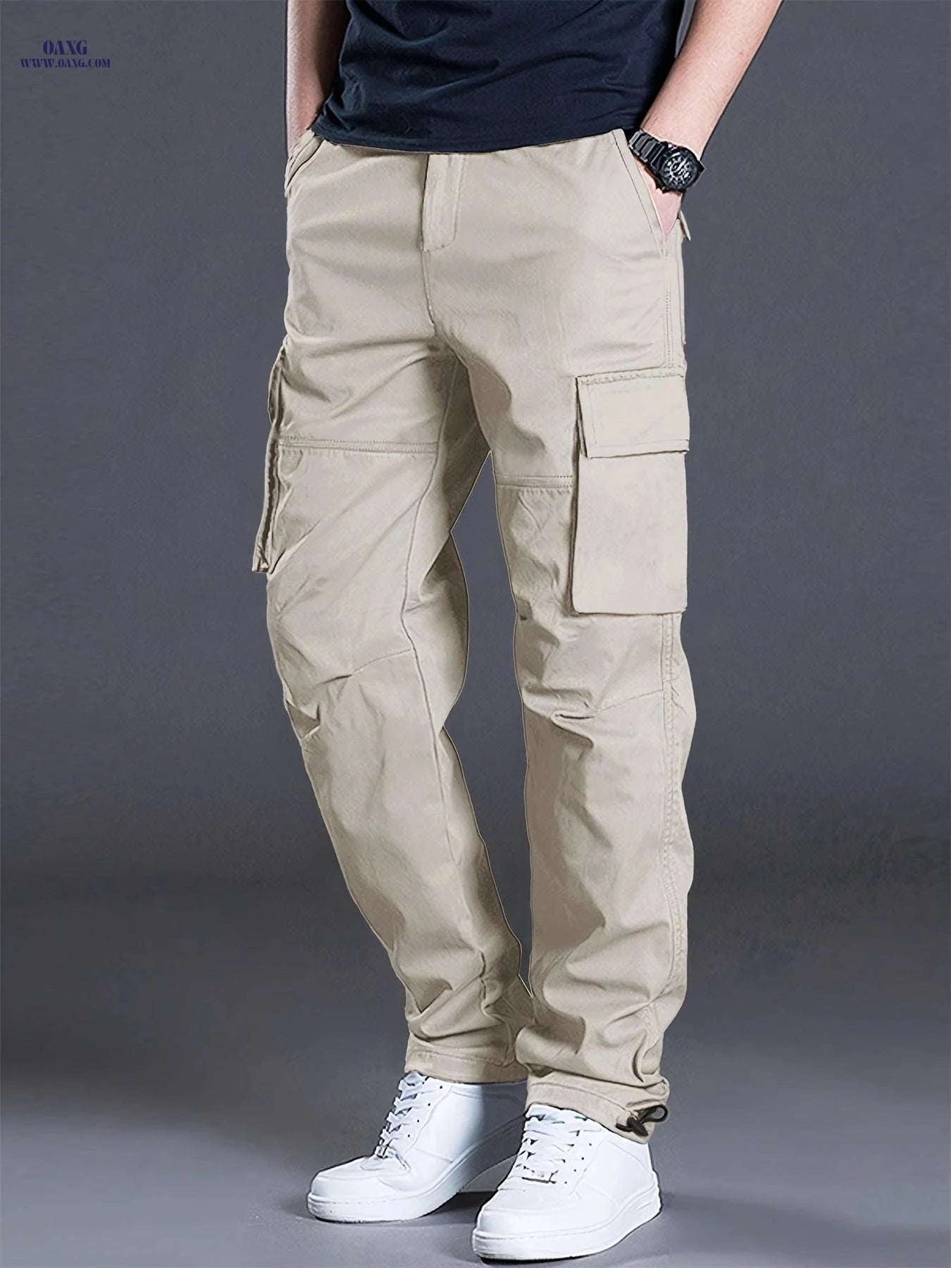 Men's Lightweight Cargo Pants - Adjustable, Multiple Pockets, Casual Fit   OAXG Black / FR S