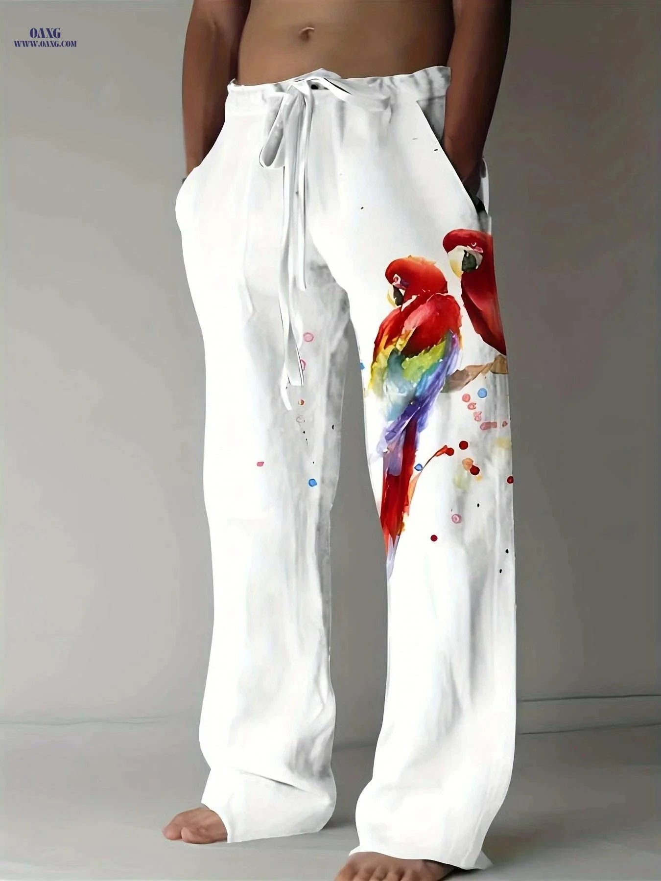 Men's Lightweight Casual Parrots Print Beach Pants - Drawstring Waist   OAXG Mixed Color / M