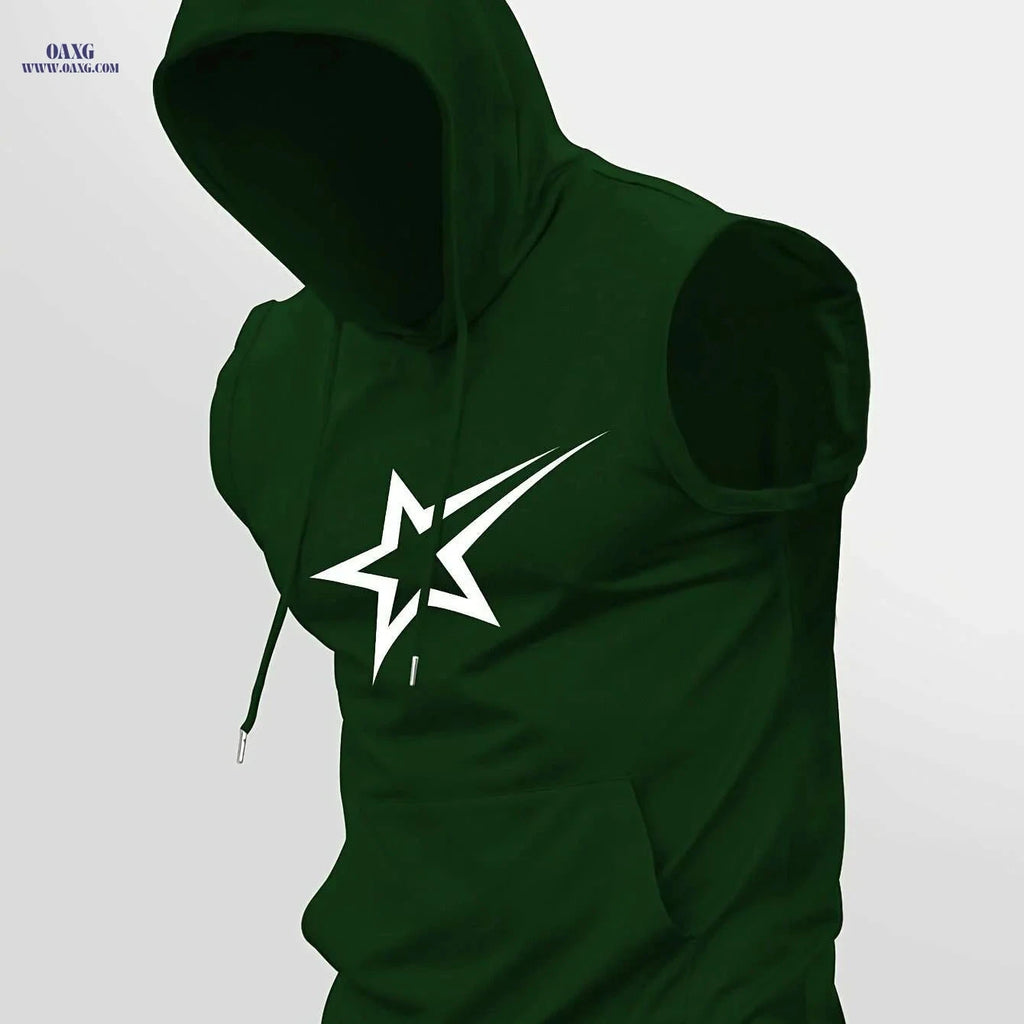 Men's Lightweight Green Hooded Tank Top - Breathable Polyester Vest   OAXG Dark Green / S