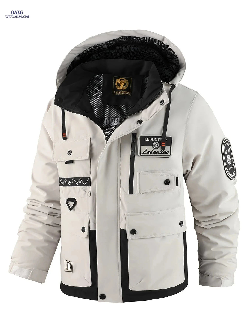 Men's Lightweight Hooded Workwear Jacket - Multi-Pocket, Zipper Design   OAXG White / FR XS