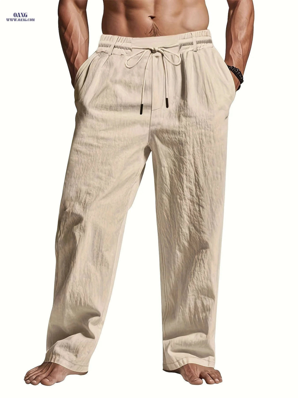 Men's Lightweight Linen Casual Pants - Loose Fit, Machine Washable   OAXG 