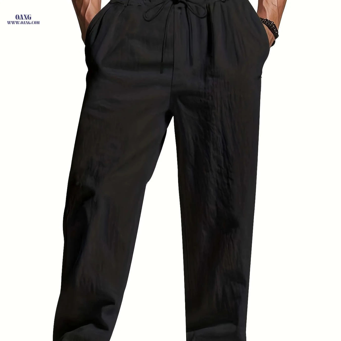 Men's Lightweight Linen Casual Pants - Loose Fit, Machine Washable   OAXG Black / FR S