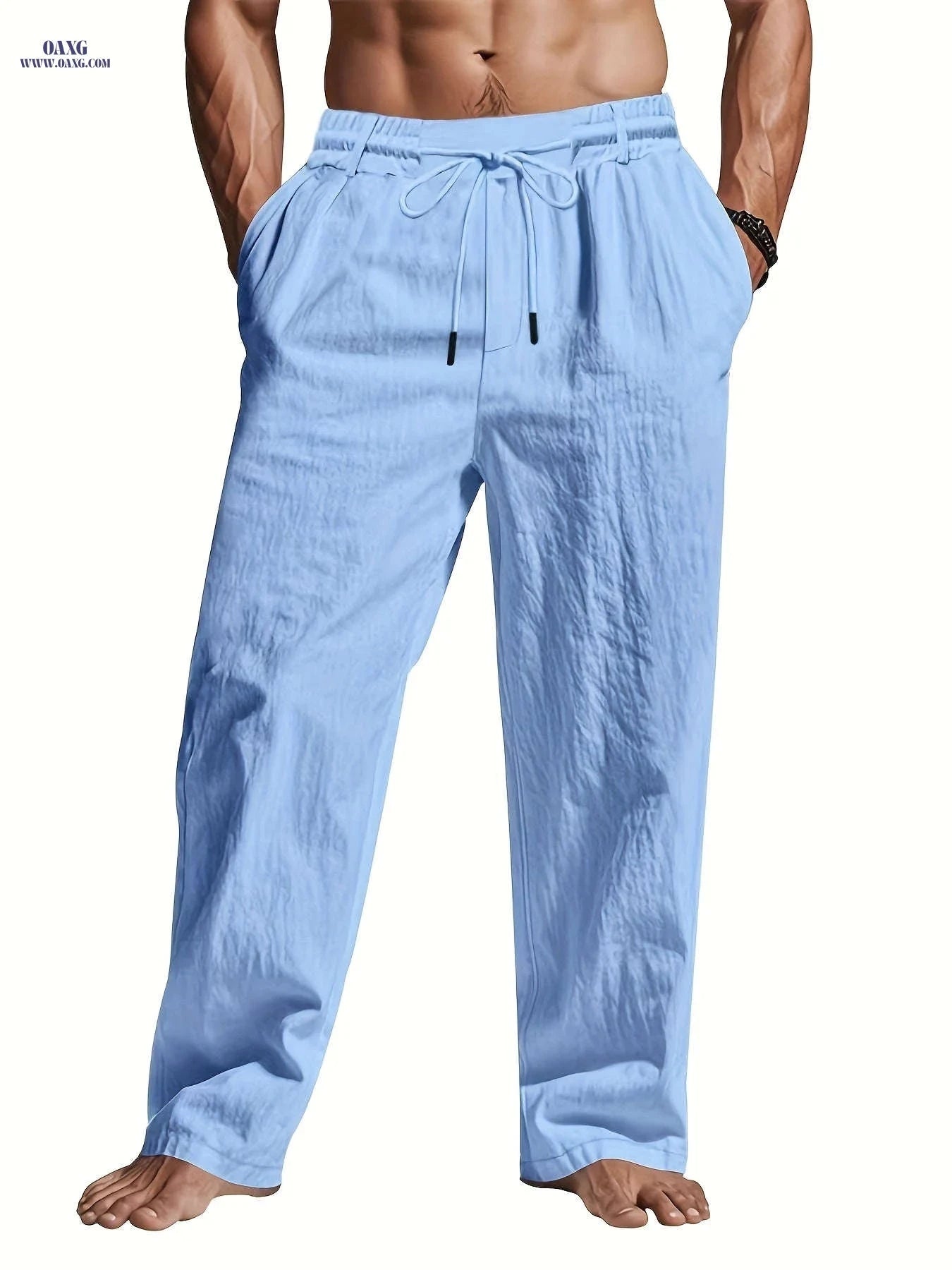 Men's Lightweight Linen Casual Pants - Loose Fit, Machine Washable   OAXG 