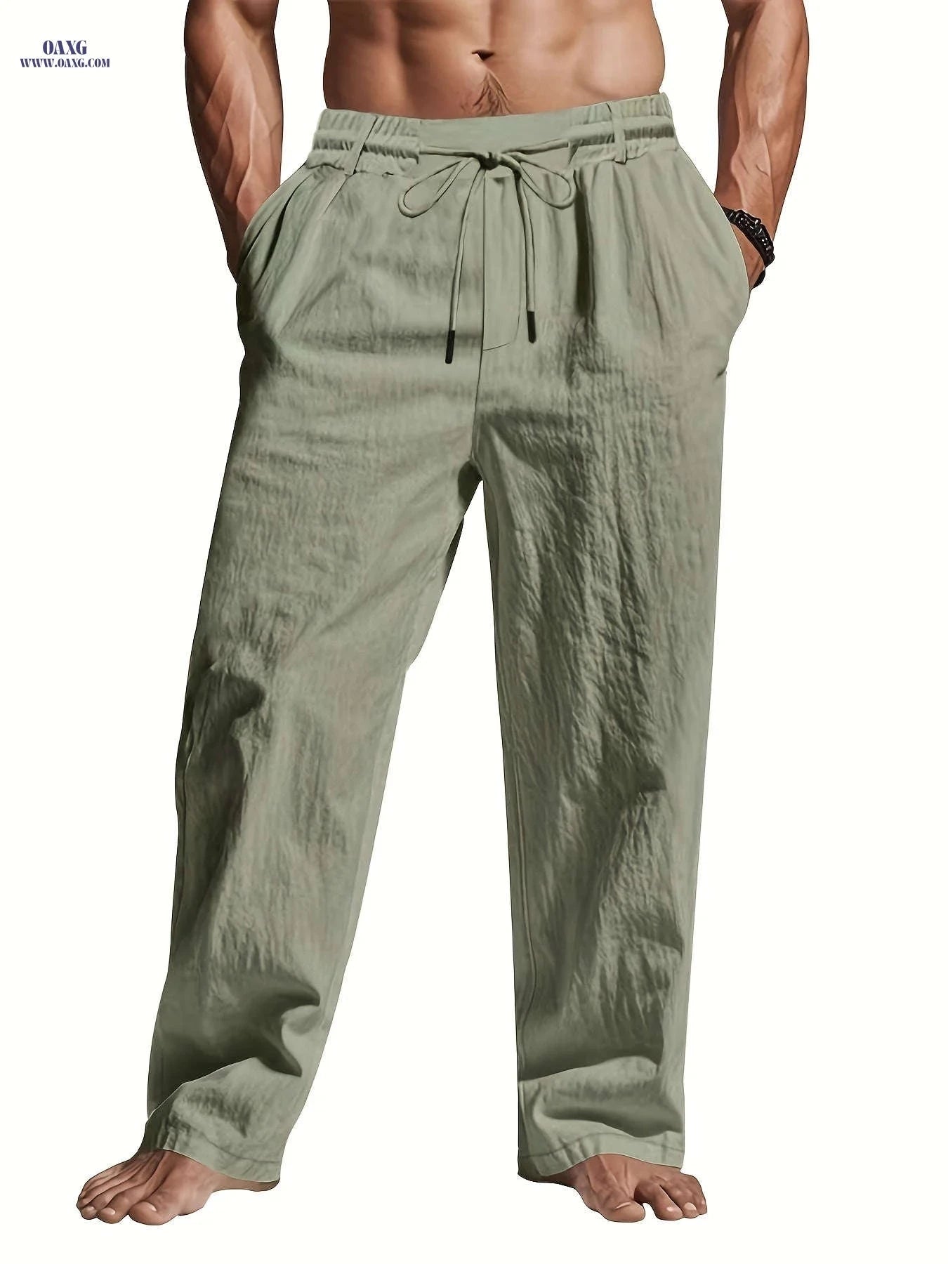 Men's Lightweight Linen Casual Pants - Loose Fit, Machine Washable   OAXG 