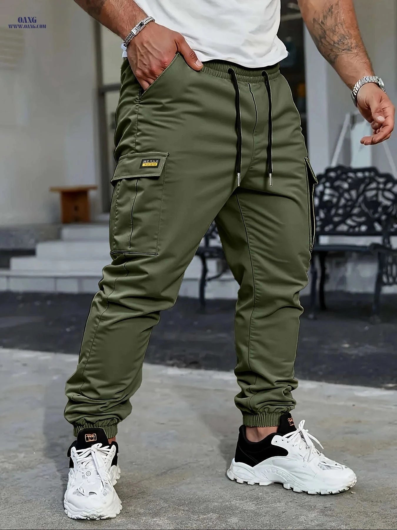 Men's Lightweight Solid Color Work Pants - Multiple Pockets, Drawstring   OAXG 