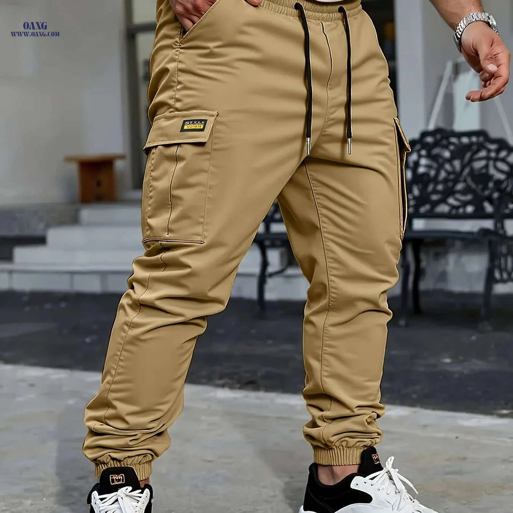 Men's Lightweight Solid Color Work Pants - Multiple Pockets, Drawstring   OAXG Khaki / FR S