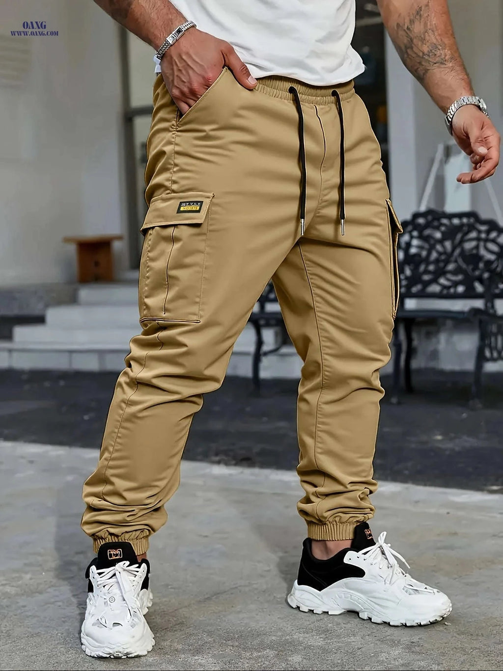 Men's Lightweight Solid Color Work Pants - Multiple Pockets, Drawstring   OAXG Khaki / FR S