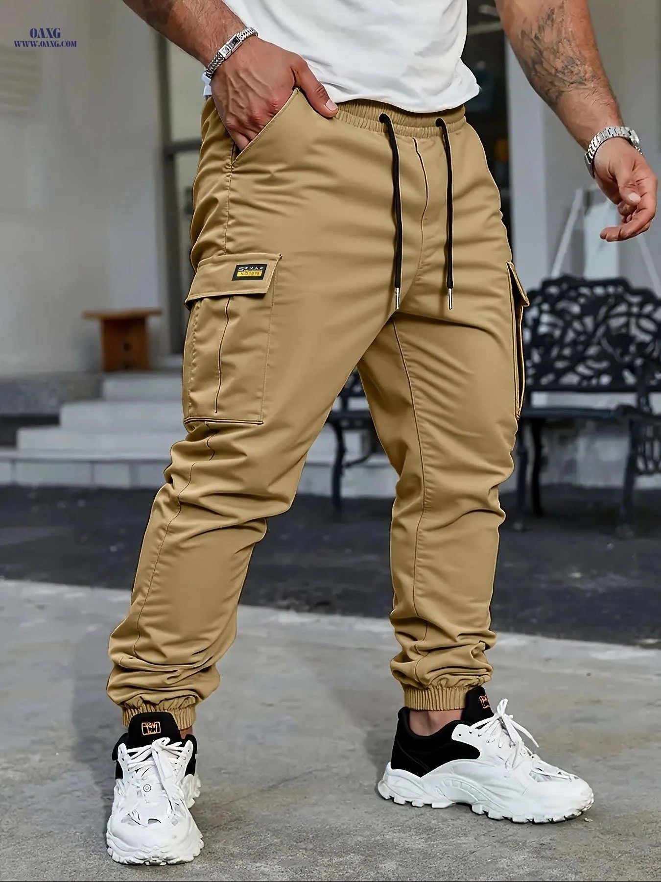 Men's Lightweight Solid Color Work Pants - Multiple Pockets, Drawstring   OAXG Khaki / FR S
