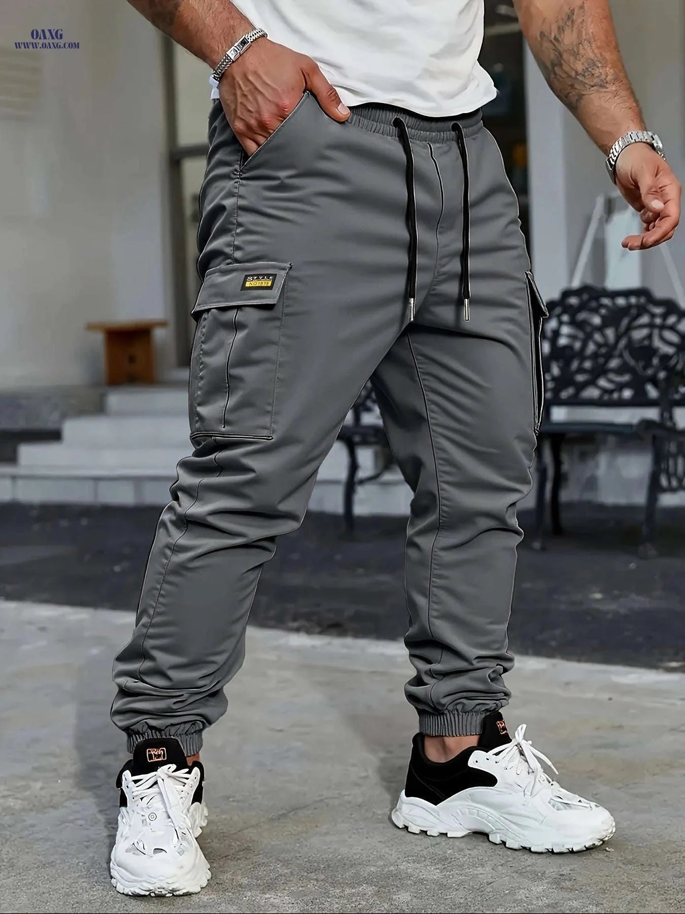 Men's Lightweight Solid Color Work Pants - Multiple Pockets, Drawstring   OAXG 