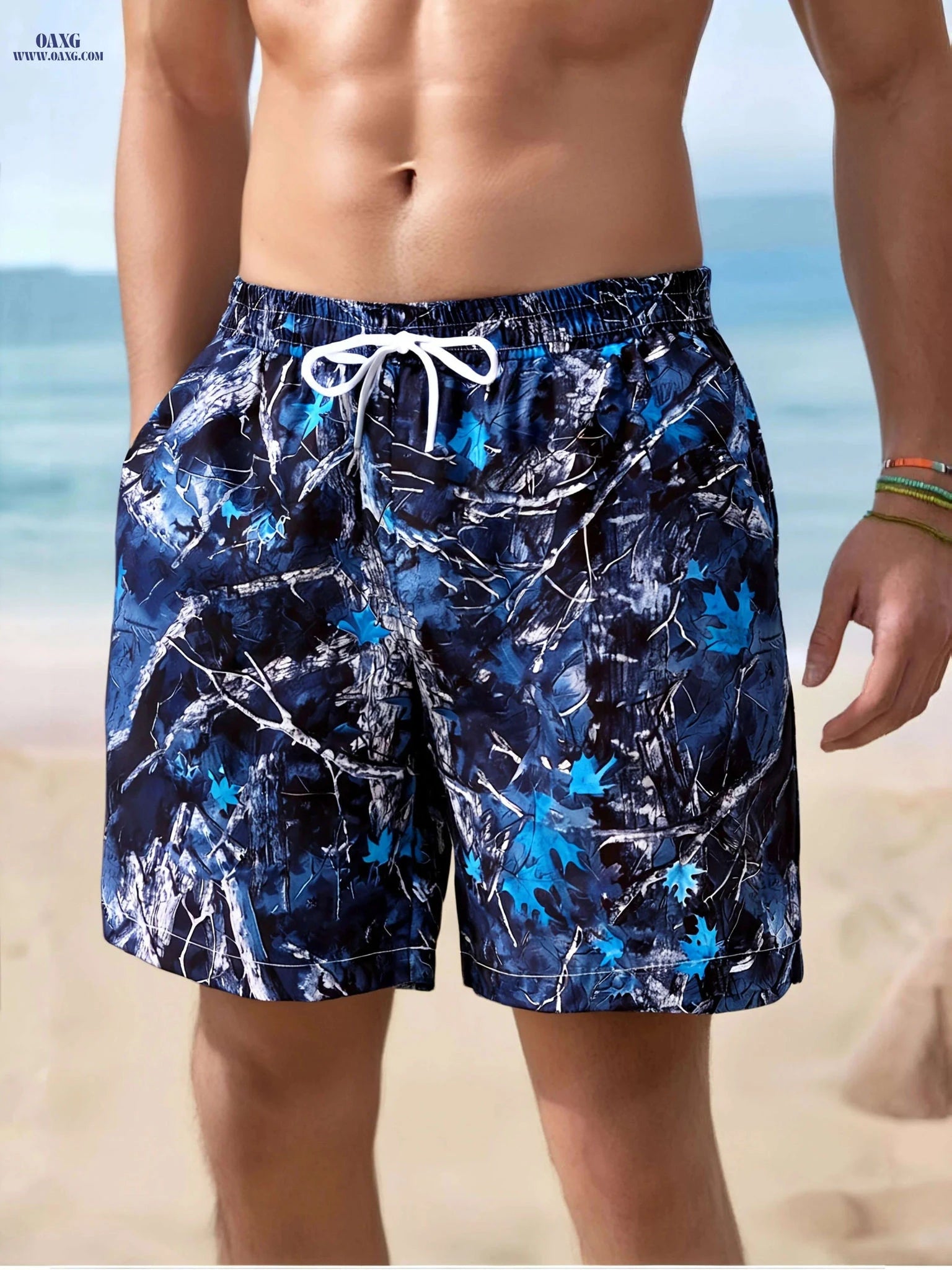 Men's Lightweight Summer Beach Shorts - Camouflage Leaf Print, Loose Fit   OAXG 