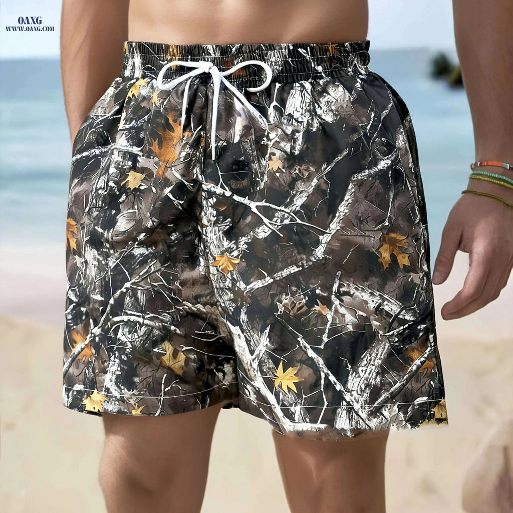 Men's Lightweight Summer Beach Shorts - Camouflage Leaf Print, Loose Fit   OAXG Black / S